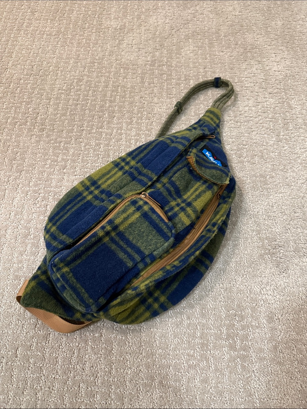 Kavu Olive & Navy Plaid Sling Pack